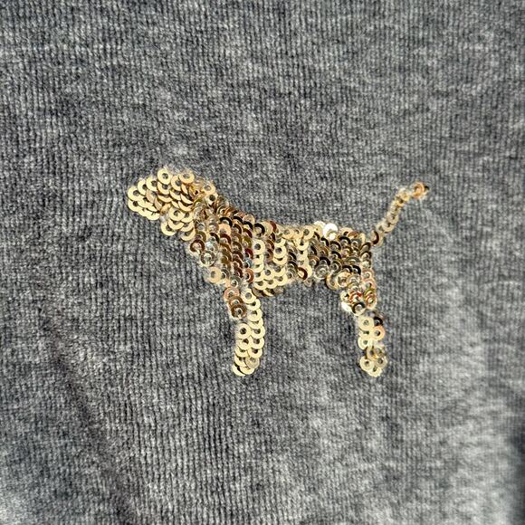 VS PINK Y2K Hoodie Dog Logo Sz Large Full ZIp Gray Velour Gold Sequin LOVE PINK - Picture 6 of 11